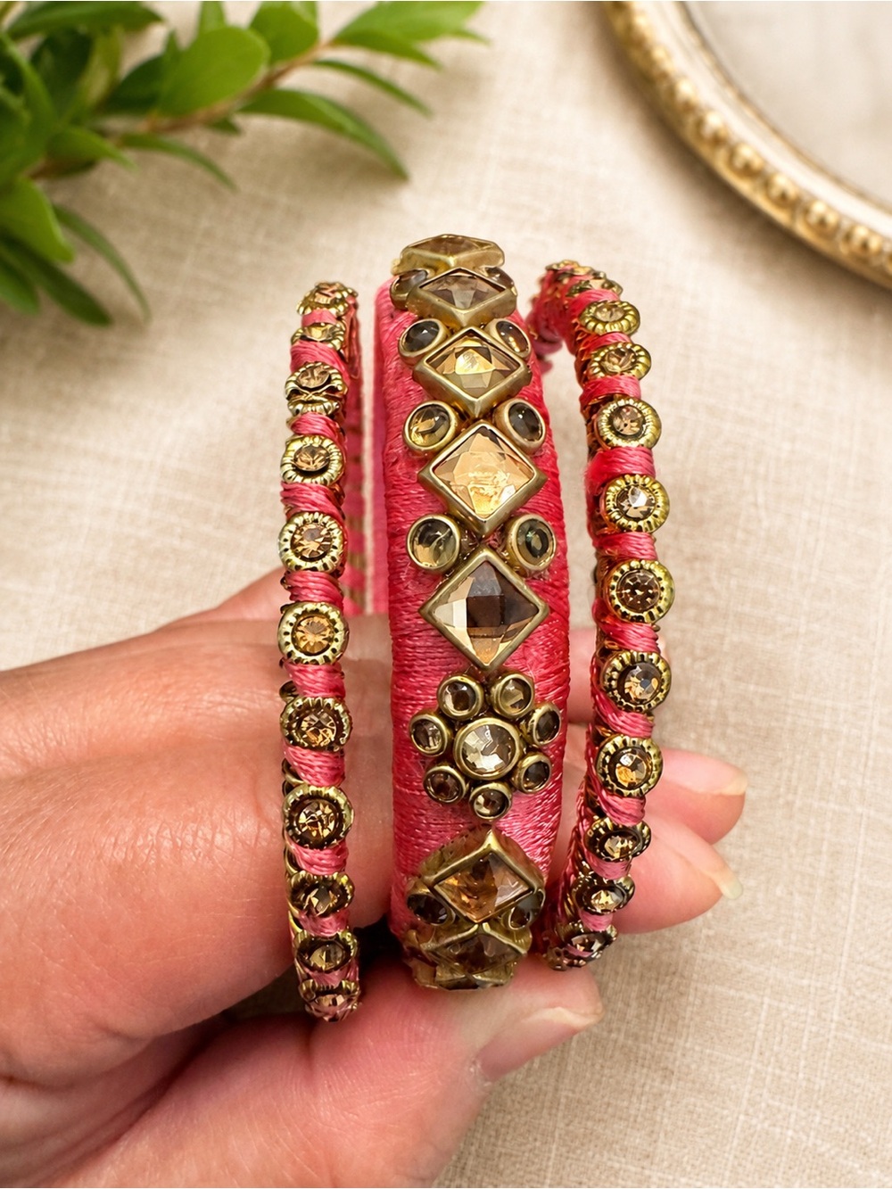 Boho Pink Thread Wrapped Rhinestone Bangle Bracelet Set of 3 Gold Tone Statement